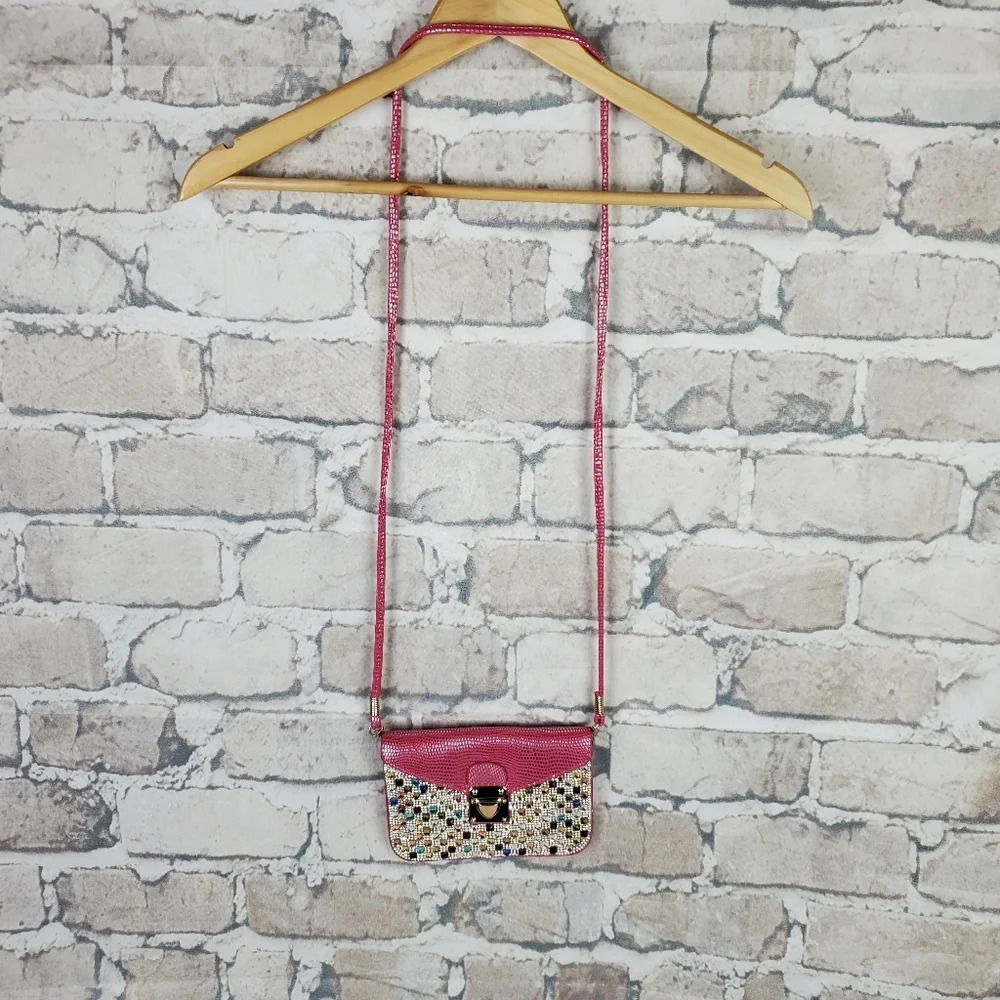 Rhinestone Embellished Crossbody Bag Pink Reptile Envelope Style Barbiecore - Picture 11 of 16